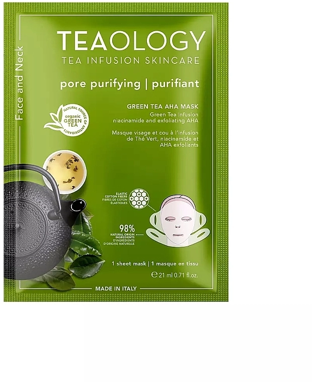 Teaology Маска для лица Green Tea Niacinamide & Aha Exfoliating Neck & Face Mask - фото N1