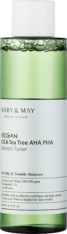 Тонер з центелою азіатською і чайним деревом - Mary & May Vegan Cica Tea Tree AHA PHA Toner, 200 мл - фото N1