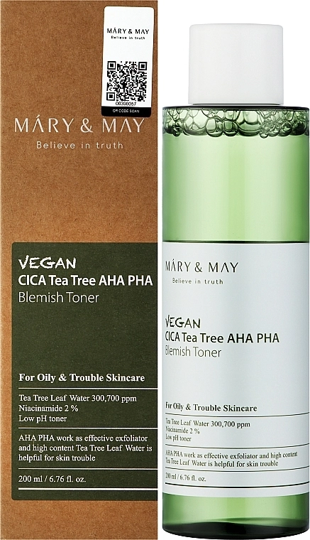 Тонер с центеллой азиатской и чайным деревом - Mary & May Vegan Cica Tea Tree AHA PHA Toner, 200 мл - фото N2