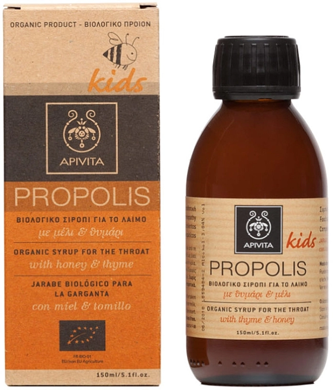 Apivita Детский органический сироп для лечения горла с медом и тимьяном Kids Propolis Organic Syrup For The Throat - фото N1