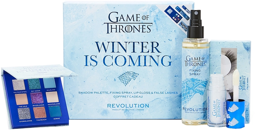 Makeup Revolution X Game Of Thrones Winter Is Coming Set (palette/7,2g + spray/100ml + lip/gloss/5ml + lashes/2pcs) Набір - фото N1