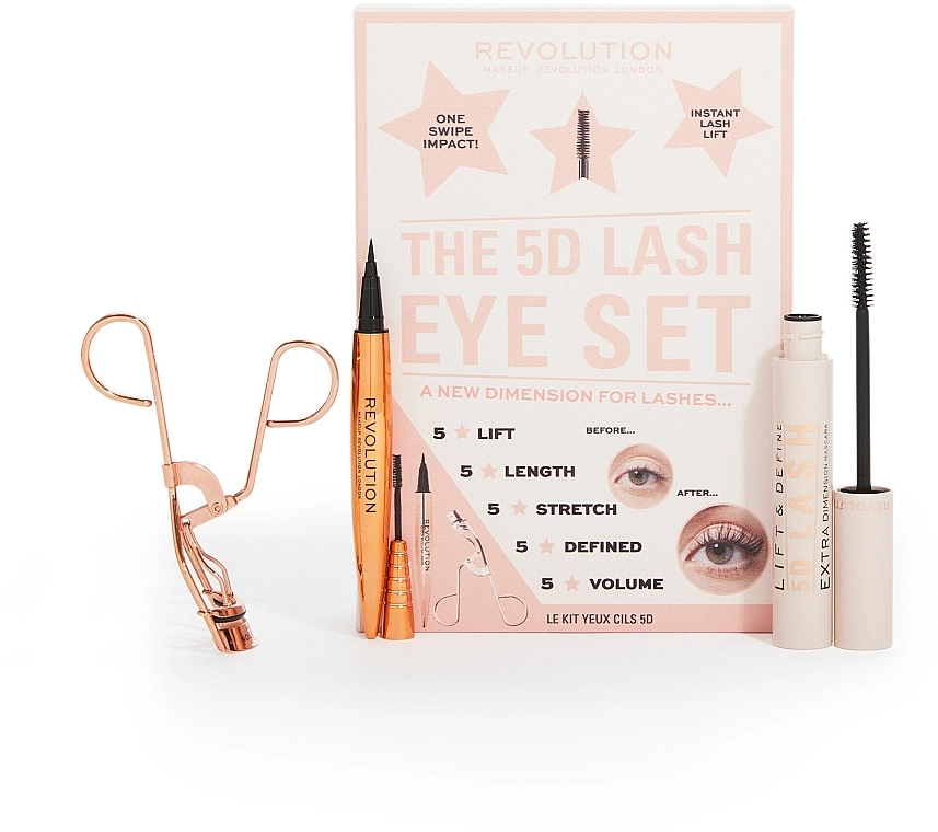 Makeup Revolution 5D Lash Eye Gift Set (eyelash curler/1pc + mascara/14ml + eyeliner/0.8ml) Набор - фото N1