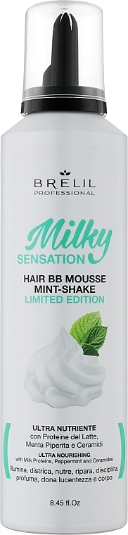 Brelil Відновлювальний мус для укладання волосся, з м'ятою та молочними протеїнами Milky Sensation Hair BB Mousse Mint-Shake Limitide Edition - фото N1