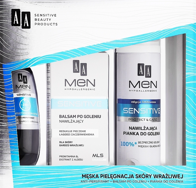 AA Набор Men Sensitive (sh/foam/250ml + ash/balm/100ml + deo/50ml) - фото N1