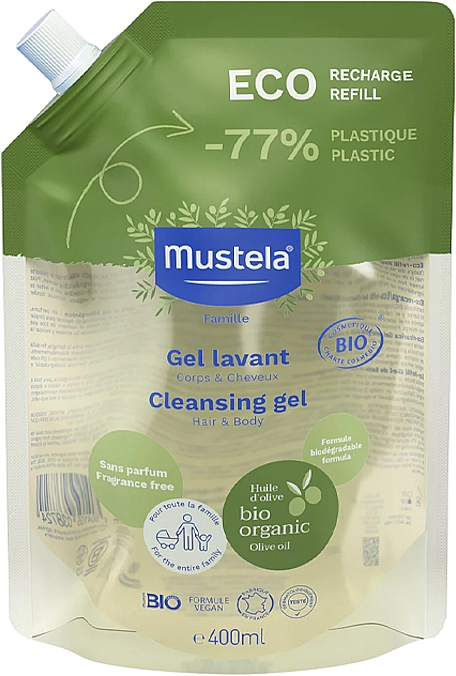 Mustela Гель для мытья тела и волос, без запаха Bio Organic Cleansing Gel (дой-пак) - фото N1