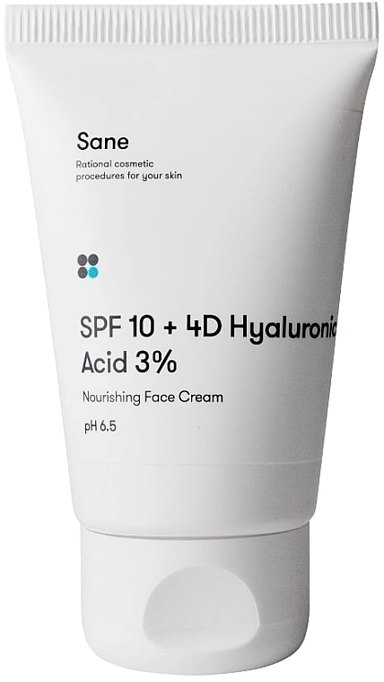Sane Питательный крем для лица с фактором защиты SPF 10 и гиалуроновой кислотой SPF10 + 4D Hyaluronic Acid 3% Nourishing Face Cream pH 6.5 - фото N1