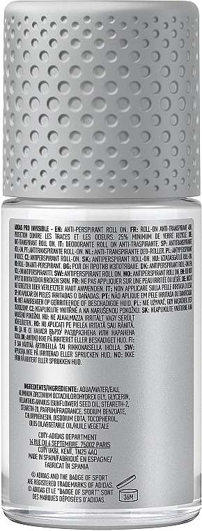 Adidas Дезодорант-антиперспірант кульковий для чоловіків Pro Invisible Antiperspirant Roll-on For Men - фото N2
