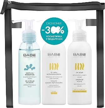 BABE Laboratorios Набір для обличчя й тіла "Очищення та зволоження" (mic/gel/90ml + lot/100ml + soap/100ml + bag) - фото N1