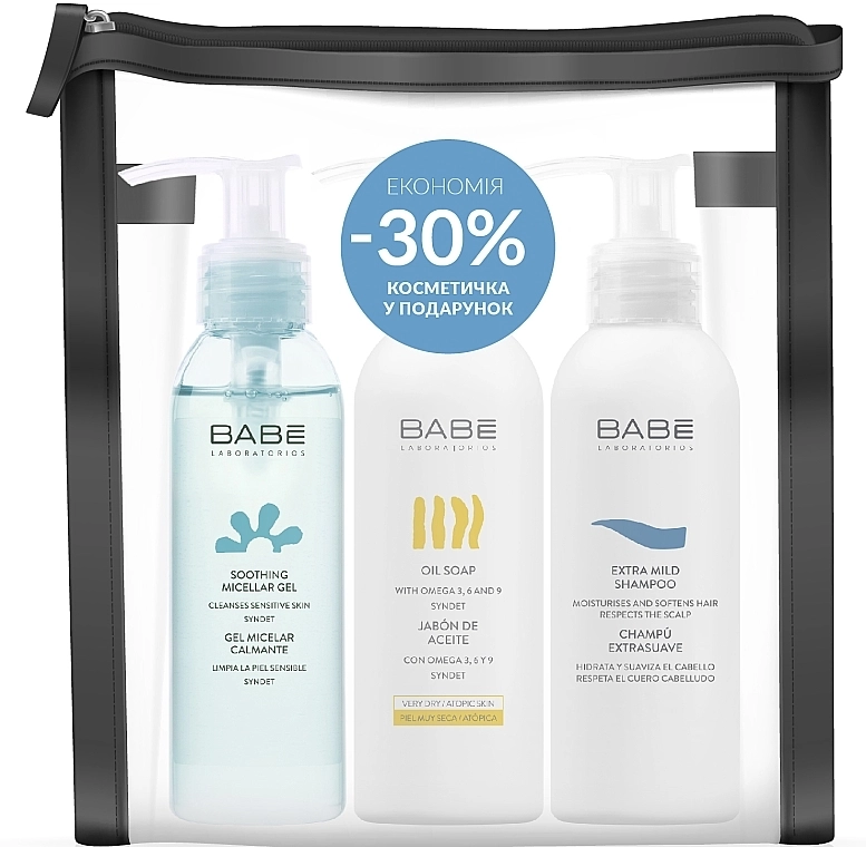 BABE Laboratorios Набір для обличчя й тіла "Очищення" (mic/gel/90ml + shmp/100ml + soap/100ml + bag) - фото N1