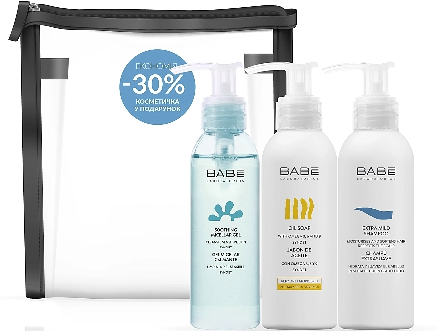 BABE Laboratorios Набір для обличчя й тіла "Очищення" (mic/gel/90ml + shmp/100ml + soap/100ml + bag) - фото N2