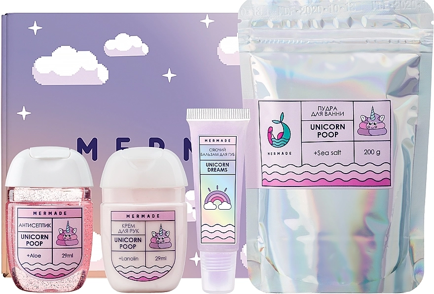 Mermade Набір Unicorn Poop (h/cr/29ml + balm/10g + bath/poudre/200g + antiseptic/29ml) - фото N1