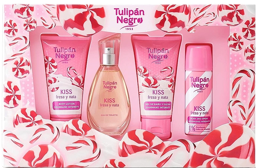 Tulipan Negro Kiss Fresa Y Nata Набор (edt/50ml + b/lot/75ml + sh/gel/75ml + deo/50ml) - фото N1