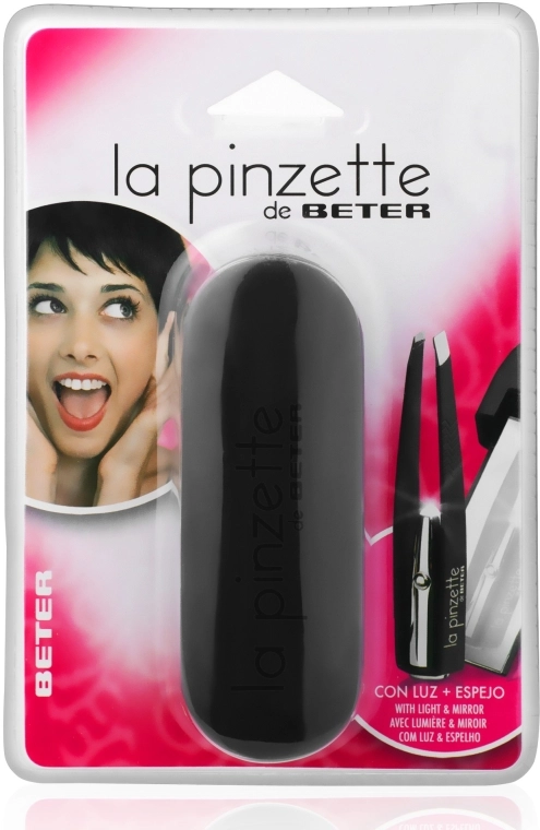 Beter Пинцет для удаления волос с косыми кончиками, с подсветкой и зеркальцем, черный La Pinzette - фото N1