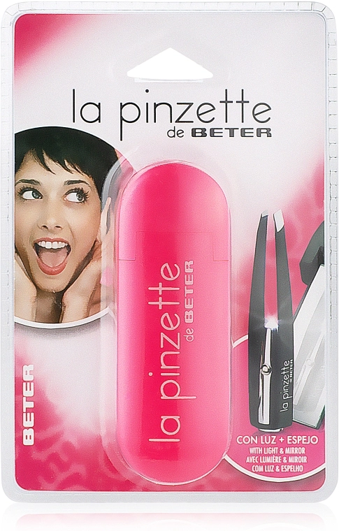 Beter Пинцет для удаления волос с косыми кончиками, с подсветкой и зеркальцем, розовый La Pinzette - фото N1