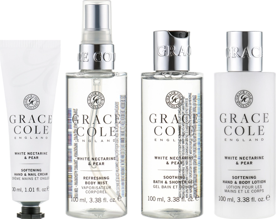 Grace Cole Набір "Білий нектарин і груша" White Nectarine & Pear Travel Set (hand/cr/30ml + sh/gel/100ml + b/lot/100ml + b/spay/100ml) - фото N2