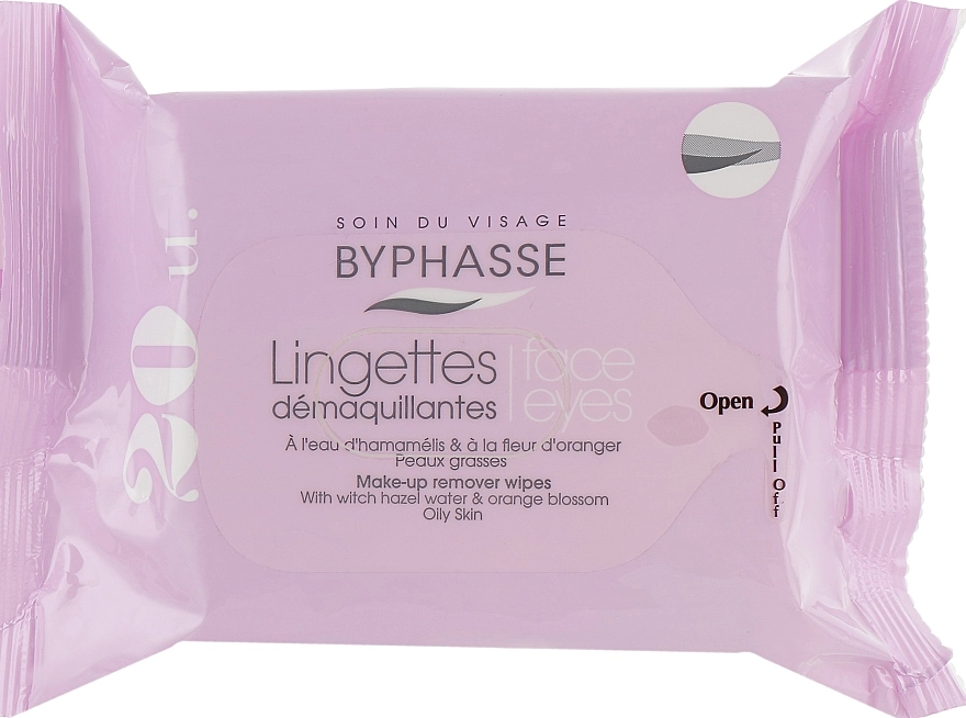 Byphasse Серветки очищувальні для жирної шкіри Make-up Remover Wipes Witch Hazel Water & Orange Blossom - фото N1