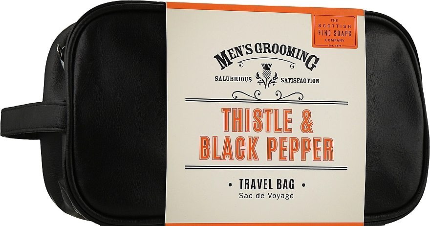Scottish Fine Soaps Дорожній набір для чоловіків Men's Grooming Thistle&Black Pepper Travel Bag (sh/gel/75ml + f/wash/75ml + a/sh/balm/75ml + b/scr/75ml + towel + bag) - фото N1