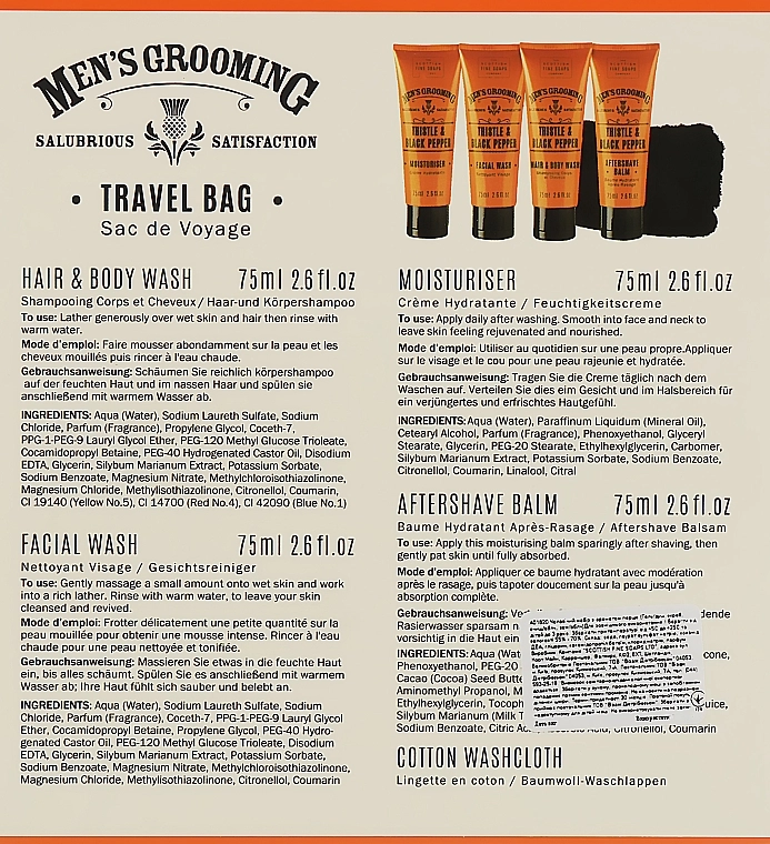 Scottish Fine Soaps Дорожній набір для чоловіків Men's Grooming Thistle&Black Pepper Travel Bag (sh/gel/75ml + f/wash/75ml + a/sh/balm/75ml + b/scr/75ml + towel + bag) - фото N4