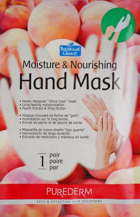 Purederm Маска-перчатки для рук увлажняющая и питательная на основе персика Moisture & Nourishing Hand Mask - фото N1