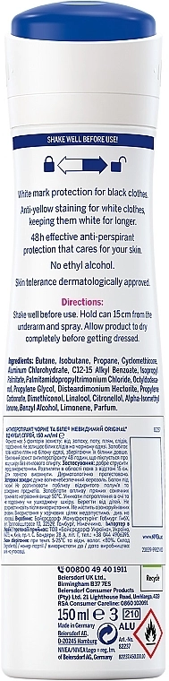 Nivea Дезодорант-антиперспірант спрей "Чорне та Біле. Невидимий" For Women Black & White Original - фото N7