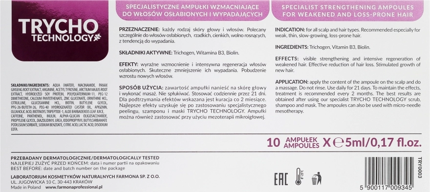 Farmona Professional Спеціалізовані зміцнювальні ампули для ослабленого волосся, що випадає Trycho Technology Specialist Strengthening Ampoules For Weakened And Loss-Prone Hair - фото N3