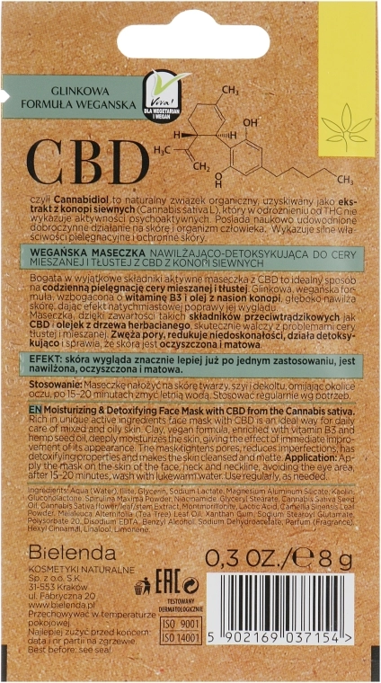 Bielenda Маска для жирной и комбинированной кожи CBD Cannabidiol Moisturizing & Detoxifying Mask - фото N2