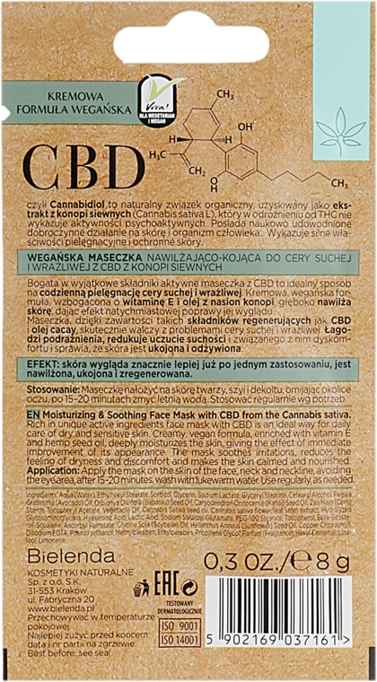 Bielenda Маска для сухой и чувствительной кожи CBD Cannabidiol Moisturizing & Soothing Mask - фото N2