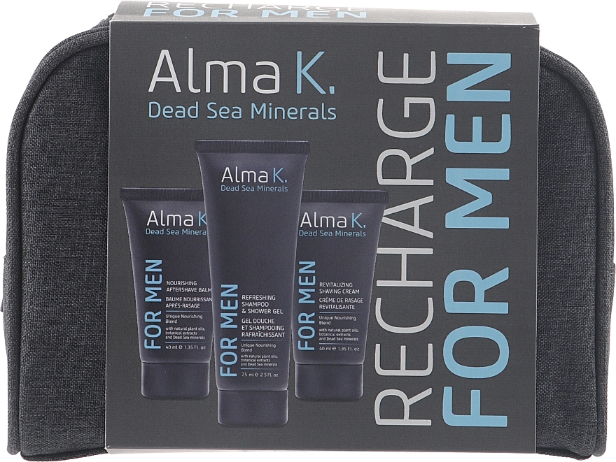 Alma K. Дорожній набір для чоловіків Recharge Travel Kit For Men (sh/gel/75ml + ash/balm/40ml + sh/balm/40ml + bag) - фото N1