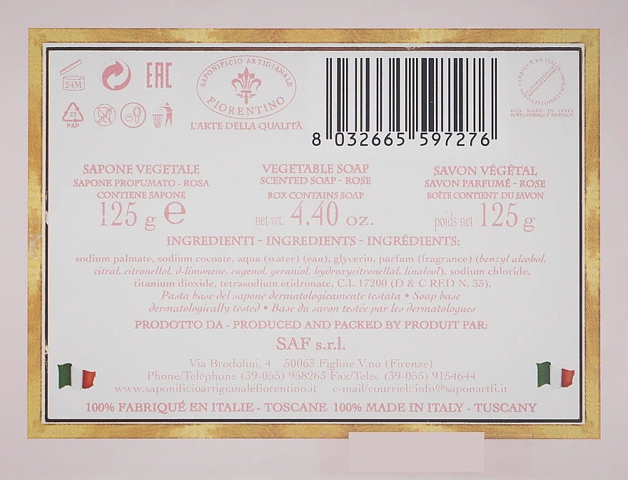 Saponificio Artigianale Fiorentino Мыло натуральное "Роза" Botticelli Rose Soap - фото N2