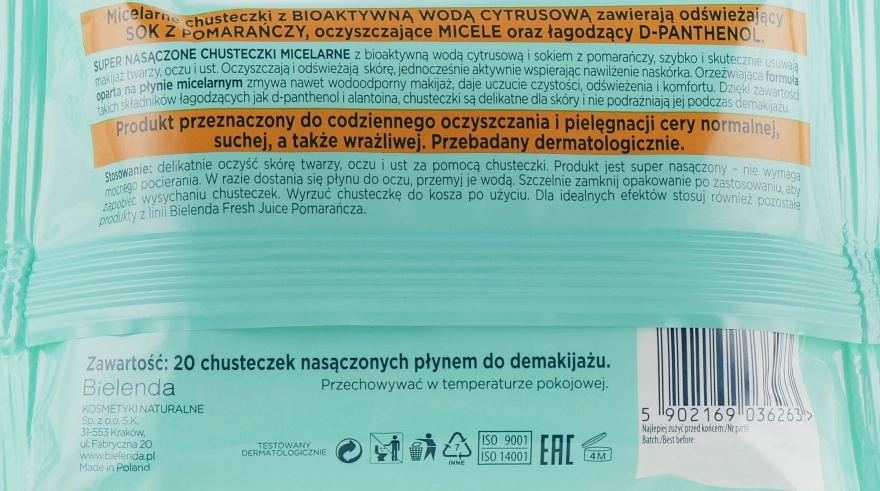 Bielenda Вологі серветки для зняття макіяжу "Апельсин" Fresh Juice Micelar Make-up Removing Wipes - фото N2