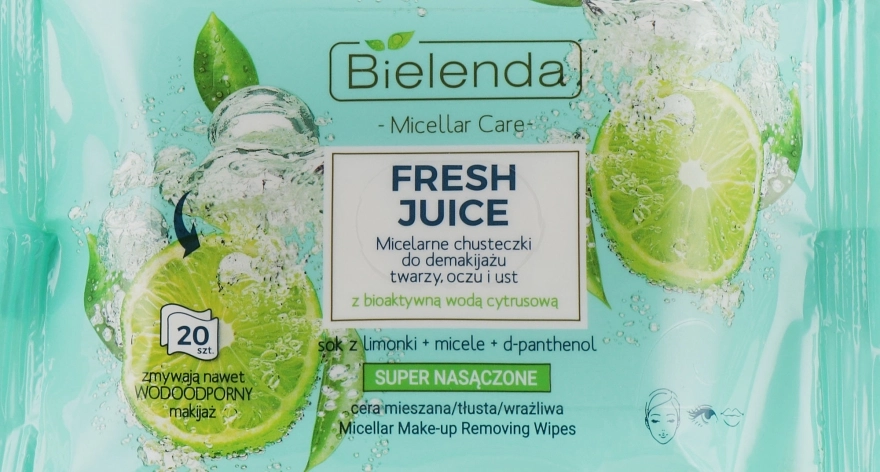 Bielenda Вологі серветки для зняття макіяжу "Лайм" Fresh Juice Micelar Make-up Removing Wipes - фото N1