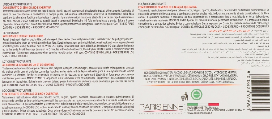 Parisienne Italia Відновлювальний лосьйон для волосся в ампулах Lin Exance Semi Di Lino Lozione Ristrutturante - фото N3