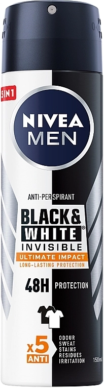 Nivea Дезодорант-спрей 5в1 для чоловіків MEN Black & White Invisible Ultimate Impact 5in1 Antiperspirant Spray - фото N1