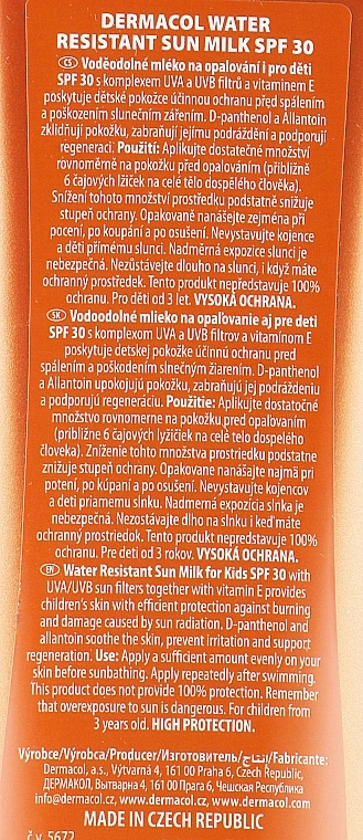 Dermacol Водостійке молочко для засмаги для дитячої шкіри SPF 30 Water Resistant Sun Milk Kids Friendly SPF 30 - фото N3