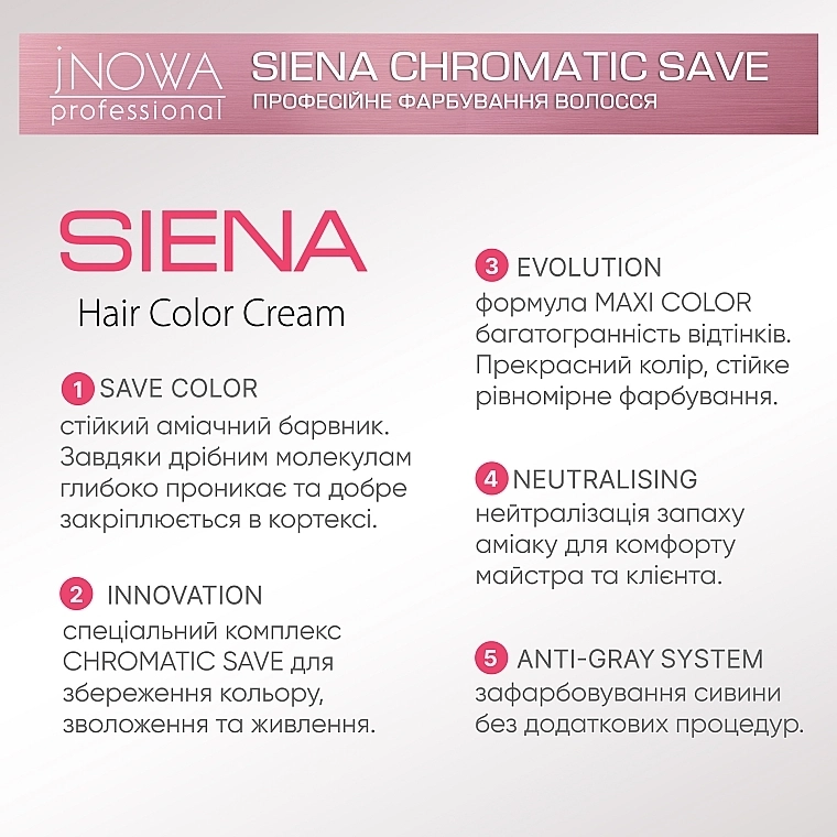 JNOWA Professional Стойкая профессиональная крем-краска для волос Siena Chromatic Save - фото N3