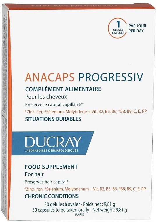 Ducray Пищевая добавка против выпадения волос Anacaps Progressiv Anti Chute Capsule - фото N2