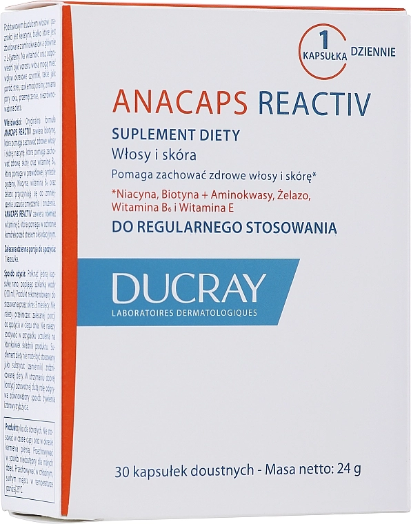 Ducray Харчова добавка для живлення і зміцнення волосся, шкіри голови й нігтів Anacaps Reactiv - фото N1