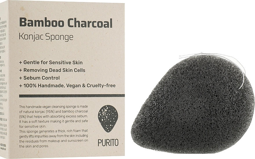 PURITO Спонж конняку с бамбуковым углем Bamboo Charcoal Konjac Sponge - фото N2