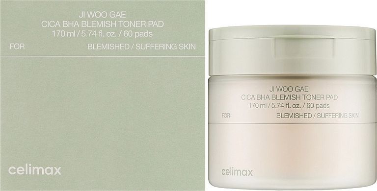 Пилинг-пады для лица с центеллой и кислотами - Celimax Ji Woo Gae Cica BHA Blemish Toner Pad, 60 pads