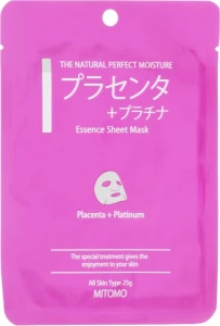 Mitomo Тканинна маска для обличчя "Плацента і нано-частинки платини" Essence Sheet Mask Placenta + Platinum
