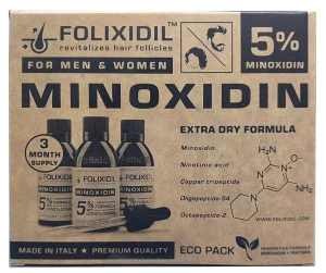 Набор лосьонов против выпадения волос c миноксидилом 5% на 3 месяца - FOLIXIDIL 5% Set - Minoxidin for Men and Women, 60 мл, 3 шт