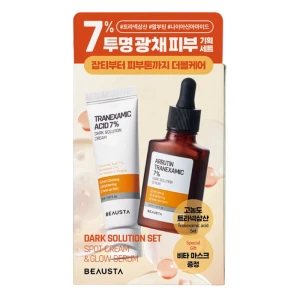 Набір освітлюючих засобів для обличя - BEAUSTA Tranexamic Dark Solution Set, сироватка 30 мл + крем 30 мл + тканьова маска