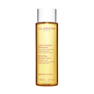 Clarins Зволожувальний тонізувальний лосьйон для обличчя Hydrating Toning Lotion для нормальної та сухої шкіри, з алое вера та квітками шафрану