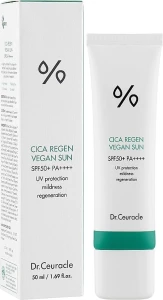 Солнцезащитный веганский крем с центеллой азиатской - Dr. Ceuracle Cica Regen Vegan Sun Gel SPF 50+ PA++++, 50 мл