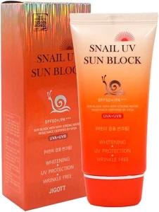 Сонцезахисний водостійкий крем для обличчя з муцином равлики - Jigott Snail UV Sun Block Cream SPF 50+, 70 мл