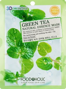 Тканевая 3D маска для лица "Зеленый чай" - Foodaholic Natural Essence Mask Green Tea, 23 г, 1 шт
