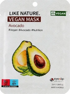 Тканевая маска для лица с авокадо - Eyenlip Like Nature Vegan Mask Avocado, 25 мл, 10 шт