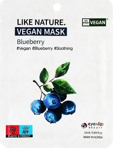Тканевая маска для лица с экстрактом черники - Eyenlip Like Nature Vegan Mask Blueberry, 25 мл, 10 шт