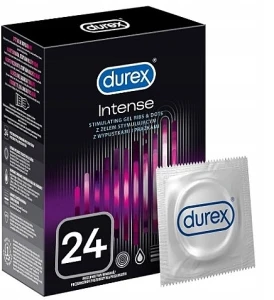 Durex Презервативы латексные с силиконовой смазкой, рельефные со стимулирующим гелем-смазкой, 24 шт Intense Orgasmic