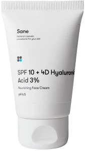 Sane Питательный крем для лица с фактором защиты SPF 10 и гиалуроновой кислотой SPF10 + 4D Hyaluronic Acid 3% Nourishing Face Cream pH 6.5